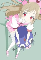 Rule 34 | 1girl, absurdres, apron, armband, bandages, blush, buttons, collared shirt, donguri suzume, from above, grin, hair ornament, hat, highres, light brown hair, long hair, looking at viewer, natori sana, nurse cap, pink apron, pink footwear, pink hat, puffy short sleeves, puffy sleeves, rabbit hair ornament, red eyes, saana-kun, sana channel, shadow, shirt, short sleeves, simple background, smile, thighhighs, thighs, two side up, virtual youtuber, white thighhighs, zettai ryouiki