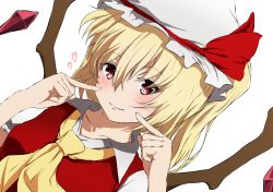 Rule 34 | 1girl, aono meri, ascot, bad id, bad twitter id, blonde hair, blush, closed mouth, crystal, dutch angle, fingers to cheeks, flandre scarlet, hat, hat ribbon, heart, looking at viewer, mob cap, red eyes, red ribbon, ribbon, short hair, short sleeves, side ponytail, simple background, smile, solo, touhou, upper body, vest, white background, wings