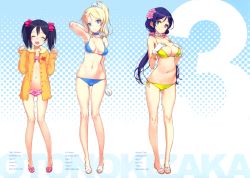 Rule 34 | 10s, 3girls, :d, absurdres, arm up, armpits, ascii media works, ayase eli, bare legs, bikini, black hair, blue bikini, blue eyes, bracelet, breast suppress, breasts, character name, child, choker, cleavage, closed eyes, feet, flat chest, flower, frilled bikini, frills, gloves, green eyes, hair flower, hair ornament, halftone, halftone background, highres, huge filesize, jacket, jewelry, large breasts, legs, long hair, long legs, love live!, love live! school idol project, low twintails, multiple girls, navel, ooyari ashito, open mouth, parted lips, pigeon-toed, pink bikini, ponytail, purple hair, sandals, scan, side-tie bikini bottom, skindentation, sleeves past wrists, smile, string bikini, swimsuit, thighs, tojo nozomi, twintails, white gloves, yazawa nico