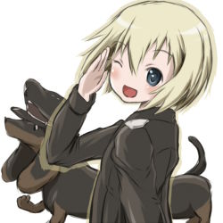Rule 34 | 00s, 1girl, blonde hair, blue eyes, blush, dachshund, dog, erica hartmann, hat, one eye closed, open mouth, peaked cap, short hair, smile, solo, strike witches, uniform, wink, world witches series, yu (babaa)