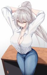Rule 34 | 1girl, absurdres, breasts, cleavage, denim, fate/grand order, fate (series), highres, jeanne d&#039;arc alter (fate), jeans, jewelry, large breasts, long hair, necklace, pants, ponytail, shirt, solo, vanko (vank0a), white hair, white shirt, yellow eyes