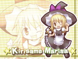 Rule 34 | 1girl, apron, blonde hair, bow, chibi, female focus, hair bow, hat, highres, kirisame marisa, mary janes, one eye closed, shoes, solo, star (symbol), touhou, wallpaper, witch, witch hat, yellow eyes, zoom layer