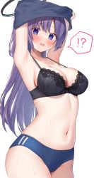 Rule 34 | !?, 1girl, armpits, arms up, black bra, blue archive, blue buruma, blue eyes, blush, bra, breasts, buruma, cameltoe, cleavage, clothes lift, cowboy shot, embarrassed, gym uniform, halo, hannari369, highres, lace, lace-trimmed bra, lace trim, large breasts, long hair, looking at viewer, medium breasts, navel, official alternate costume, purple hair, shirt lift, solo, standing, sweat, two side up, underwear, undressing, yuuka (blue archive), yuuka (track) (blue archive)