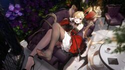 Rule 34 | 1girl, absurdly long hair, blonde hair, breasts, detached sleeves, dress, fang, feet, flower, gijang, high heels, highres, indoors, legs, long hair, long sleeves, looking at viewer, lying, no shoes, on back, one eye closed, original, plant, purple flower, purple rose, red dress, red eyes, rose, shoes, single shoe, small breasts, soles, solo, strappy heels, thighhighs, tile floor, tiles, toes, twintails, very long hair, wings