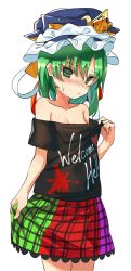Rule 34 | 1girl, :/, asymmetrical hair, blush, breasts, cleavage, clothes pull, commentary, cosplay, crown, curtsey, frown, green eyes, green hair, hecatia lapislazuli, hecatia lapislazuli (cosplay), looking at viewer, manarou, nose blush, off-shoulder shirt, off shoulder, oversized clothes, shiki eiki, shirt, shirt pull, short hair, small breasts, solo, sweat, touhou