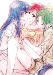 Rule 34 | 10s, 3girls, aoki reika, blue hair, blush, closed eyes, clothes lift, girl sandwich, green hair, hand on another&#039;s thigh, hand on thigh, hand under clothes, hand under shirt, hino akane (smile precure!), imminent kiss, kissing shoulder, long hair, midorikawa nao, midriff, multiple girls, navel, precure, red hair, sandwiched, shirt, shirt lift, sketch, smile precure!, tima, yuri