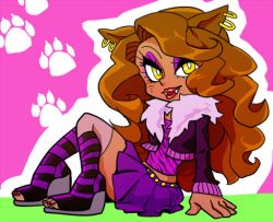 Rule 34 | 1girl, brown hair, clawdeen wolf, fangs, looking at viewer, monster high, simple background, solo, tsujii, werewolf, yellow eyes