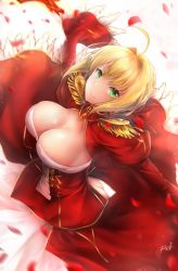 Rule 34 | 1girl, ahoge, areola slip, ass, ass cutout, blonde hair, breasts, cleavage, clothing cutout, dress, duplicate, fate/grand order, fate (series), green eyes, looking at viewer, nero claudius (fate), nero claudius (fate) (all), nero claudius (fate/extra), red dress, solo