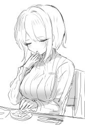 Rule 34 | 1girl, closed eyes, eating, faust (project moon), greyscale, highres, limbus company, looking at viewer, medium hair, migishita, monochrome, project moon, sketch, sweater, white hair