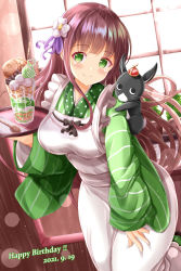 Rule 34 | 1girl, ama usa an uniform, animal, animal on shoulder, anko (gochiusa), apron, black bow, blush, bow, breasts, brown hair, closed mouth, commentary request, crescent, crown, dated, flower, food, frilled apron, frills, gochuumon wa usagi desu ka?, green eyes, green kimono, hair flower, hair ornament, hair ribbon, happy birthday, highres, holding, holding tray, indoors, japanese clothes, kimono, long hair, long sleeves, medium breasts, mini crown, parfait, polka dot, purple ribbon, ribbon, sleeves past wrists, smile, spoon, striped clothes, striped kimono, taiyaki, tray, ujimatsu chiya, vertical-striped clothes, vertical-striped kimono, very long hair, wafer stick, wagashi, white apron, white flower, wide sleeves, window, xenon (for achieve)