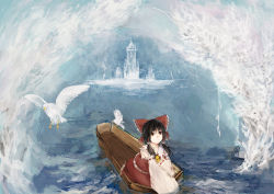 Rule 34 | 1girl, bird, boat, female focus, hakurei reimu, highres, nibanmachi wakai, smile, solo, touhou, tower, water, watercraft