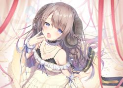 Rule 34 | 1girl, black collar, blue eyes, blush, breasts, brown hair, collar, collarbone, commentary, cow horns, curtains, dress, eggshell, from above, hair between eyes, horns, indie virtual youtuber, medium breasts, nanase subaru, nanase subaru (channel), pom pom (clothes), sitting, topia, virtual youtuber, wariza, white dress, wrist cuffs, yawning