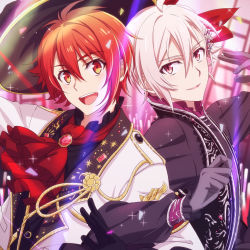 Rule 34 | 2boys, ahoge, fcc (fengcheche), gloves, hair between eyes, idolish7, jewelry, kujou tenn, looking at viewer, multiple boys, nanase riku, official style, open mouth, red hair, smile, white hair