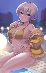 Rule 34 | 1girl, a.i. voice, b.c, bare shoulders, bikini, blue eyes, blush, commission, earrings, gold bikini, gradient hair, grey hair, highres, jacket, jewelry, layered bikini, looking at viewer, multicolored hair, navel, off shoulder, open clothes, open jacket, paid reward available, poolside, purple hair, short hair, sitting, skeb commission, sky, smile, soaking feet, solo, swimsuit, two-tone hair, unoka, v, water