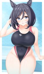 Rule 34 | 1girl, animal ears, black hair, black one-piece swimsuit, blue eyes, blue sky, bob cut, breasts, cloud, competition swimsuit, covered navel, cowboy shot, day, eishin flash (umamusume), gurukorian, highres, horizon, horse ears, large breasts, leaning forward, looking at viewer, multicolored clothes, multicolored swimsuit, ocean, one-piece swimsuit, outdoors, short hair, sky, solo, swimsuit, thigh gap, umamusume