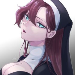 Rule 34 | 1girl, aqua eyes, archived source, bad id, bad twitter id, breasts, cleavage, expressionless, gradient background, habit, hair behind ear, hair between eyes, kamato il, large breasts, long hair, nun, original, purple hair, solo, white background