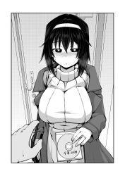 Rule 34 | 1girl, 1koma, 1other, blush, breasts, cd, cd case, coat, comic, door, greyscale, hairband, heavy breathing, highres, imagawa akira, jewelry, large breasts, monochrome, original, pov, pov hands, ribbed sweater, ring, solo focus, sweat, sweater, translation request, turtleneck, turtleneck sweater, wedding ring