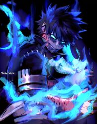 Rule 34 | 1boy, artist name, black hair, black jacket, blank eyes, blue fire, boku no hero academia, burn scar, cheek piercing, dabi (boku no hero academia), evil grin, evil smile, fire, grin, highres, jacket, looking at viewer, male focus, multiple scars, no pupils, piercing, scar, scar on arm, scar on face, scar on hand, scar on neck, sharl0ck, smile, solo, spiked hair, staple, stapled, stitches