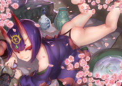 Rule 34 | 1girl, alcohol, anklet, ass, bare legs, bare shoulders, barefoot, cherry blossoms, fate/grand order, fate (series), food, fruit, hair ornament, haku (artist), hakui (b600723), horns, japanese clothes, jewelry, kimono, lying, makeup, mascara, on stomach, panties, peach, purple eyes, purple hair, sake, shiny skin, short hair, shuten douji (fate), shuten douji (first ascension) (fate), skin-covered horns, smile, solo, type-moon, underwear