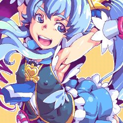 Rule 34 | 10s, 1girl, :d, arms up, blue eyes, blue hair, blue necktie, blue skirt, breasts, brooch, covered erect nipples, cure princess, frills, happinesscharge precure!, heart, heart brooch, honzawa yuuichirou, jewelry, long hair, lowres, magical girl, matching hair/eyes, medium breasts, necktie, oekaki, open mouth, orange background, precure, shirayuki hime, simple background, skirt, smile, solo, twintails, wrist cuffs