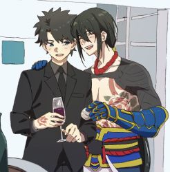 Rule 34 | 2boys, :d, alcohol, black jacket, black neckwear, black pants, blue eyes, champagne flute, collared shirt, command spell, commentary request, cup, drinking glass, closed eyes, fate/grand order, fate (series), fujimaru ritsuka (male), fujimaru ritsuka (male) (royal brand), gauntlets, grey hair, grey shirt, hand on another&#039;s shoulder, highres, holding, jacket, jewelry, long hair, looking at another, male focus, mi (pic52pic), multiple boys, necklace, necktie, open mouth, pants, ponytail, shirt, smile, standing, tattoo, topless male, wine, wine glass, wing collar, yan qing (fate)