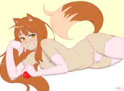 Rule 34 | 1boy, animal ears, apple, arm support, bulge, colorized, dross, elbow gloves, food, fruit, genderswap, genderswap (ftm), gloves, holo, long hair, looking at viewer, smirk, smug, spice and wolf, tail, thighhighs, thirt-party edit, topless, trap