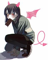Rule 34 | 1other, androgynous, blush, chara (undertale), chocolate, highres, pantyhose, red eyes, shirt, shoes, shorts, shousan (hno3syo), solo, source request, striped clothes, striped shirt, striped sweater, sweater, undertale