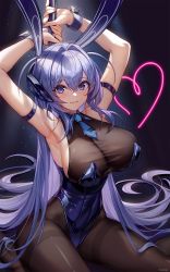 Rule 34 | 1girl, :3, absurdres, animal ears, armpits, arms up, azur lane, black pantyhose, blue eyes, blue hair, blue leotard, breasts, closed mouth, fake animal ears, hair between eyes, heart, highres, large breasts, leotard, lips, long hair, looking at viewer, new jersey (azur lane), new jersey (exhilarating steps!) (azur lane), official alternate costume, pantyhose, playboy bunny, pole, rabbit ears, shiny clothes, sitting, smile, solo, stripper pole, thighband pantyhose, tomogy, very long hair