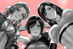 3girls aerith_gainsborough blush breasts breath cropped_jacket final_fantasy final_fantasy_vii final_fantasy_vii_rebirth final_fantasy_vii_remake forehead_protector from_below highres light_blush long_hair looking_at_viewer monochrome multiple_girls naughty_face pink_background sgk short_hair steaming_body tifa_lockhart toned toned_female you_gonna_get_raped yuffie_kisaragi