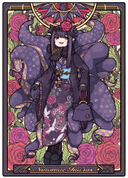Rule 34 | 1girl, absurdres, black footwear, black gloves, boots, character name, floral print, flower, full body, gloves, hair flower, hair ornament, highres, hololive, hololive english, japanese clothes, kimono, long hair, looking at viewer, meatbandit, ninomae ina&#039;nis, ninomae ina&#039;nis (new year), pointy ears, scarf, smile, solo, takodachi (ninomae ina&#039;nis), tentacles, virtual youtuber