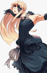 Rule 34 | 1girl, armpits, black dress, black gloves, blindfold, blonde hair, blunt bangs, borrowed character, brown eyes, commentary, disembodied head, dress, dullahan, elbow gloves, english commentary, gino (gino h), gloves, grey background, highres, long dress, long hair, looking at viewer, one eye covered, original, outstretched arms, parted lips, simple background, solo, spread arms