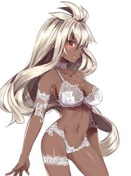 Rule 34 | 1girl, 218, alternate costume, arm at side, bare shoulders, blush, bra, breasts, brown hair, choker, cleavage, collarbone, cowboy shot, dark-skinned female, dark skin, dated, from side, garter belt, granblue fantasy, lace, lace bra, lace panties, lips, long hair, looking to the side, medium breasts, navel, panties, solo, standing, stomach, thighs, underwear, underwear only, very long hair, white background, white bra, white choker, white hair, white panties, yellow eyes, zooey (granblue fantasy)