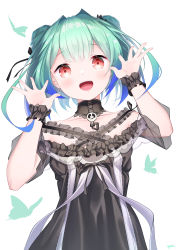 Rule 34 | 1girl, :d, absurdres, bad id, bad pixiv id, bare shoulders, black choker, black dress, blue hair, brooch, canna 819, choker, double bun, dress, earrings, fang, flat chest, frilled dress, frilled straps, frills, gradient hair, green hair, hair bun, hair ribbon, hands up, highres, hololive, jewelry, multicolored hair, off-shoulder dress, off shoulder, open mouth, red eyes, ribbon, see-through, see-through sleeves, short sleeves, simple background, skull earrings, smile, solo, teeth, upper teeth only, uruha rushia, uruha rushia (3rd costume), virtual youtuber, white background, wristband