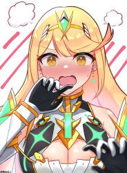 Rule 34 | 1girl, absurdres, bare shoulders, blonde hair, breasts, chest jewel, cleavage, cleavage cutout, clothing cutout, dress, earrings, elbow gloves, gem, gloves, headpiece, highres, jewelry, large breasts, long hair, mythra (xenoblade), reason3 s, short dress, solo, swept bangs, tiara, very long hair, white dress, white gloves, xenoblade chronicles (series), xenoblade chronicles 2, yellow eyes