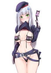 Rule 34 | 1girl, belt, beret, bikini, black belt, black bikini, blue hat, blunt bangs, blush, breasts, chinese commentary, cleavage, closed mouth, commentary request, girls&#039; frontline, gloves, green eyes, grey hair, hat, highres, hk416 (girls&#039; frontline), holding, large breasts, long sleeves, looking at viewer, mouth hold, paid reward available, popoman, presenting, simple background, smile, solo, swimsuit, underboob, white background, white gloves