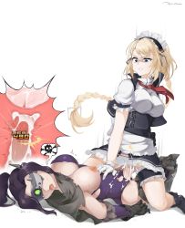 Rule 34 | 2girls, apron, black gloves, blonde hair, blue eyes, boots, braid, breasts, clothed sex, cowgirl position, cross-section, cum, cum in pussy, cum on penis, damage numbers, dress, futa with female, futanari, g36 (girls&#039; frontline), girl on top, girls&#039; frontline, gloves, highres, jaeger (girls&#039; frontline), large breasts, long hair, lying, maid, maid apron, maid headdress, multiple girls, nipples, on back, open mouth, penis, ppkoly, sangvis ferri, sex, short sleeves, simple background, spoken skull, straddling, teeth, tongue, tongue out, torn clothes, uterus, vaginal, white background, white gloves