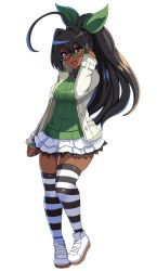 Rule 34 | absurdres, artist request, cyron tanryoku, dark-skinned female, dark skin, glasses, highres, miniskirt, nail polish, original, simple background, skirt, solo, striped clothes, striped thighhighs, tagme, thighhighs, very dark skin, white background