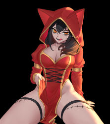 Rule 34 | 1girl, :q, animal hood, bags under eyes, black background, breasts, cat hood, cleavage, clothes lift, dress, hood, hood up, juliet sleeves, large breasts, licking lips, long sleeves, looking at viewer, open mouth, orange eyes, original, pelvic curtain, pelvic curtain lift, puffy sleeves, red dress, sharp teeth, simple background, sitting, siun, solo, stitched leg, stitched neck, stitches, teeth, thigh strap, tongue, tongue out