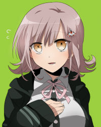 Rule 34 | 1girl, black hoodie, blush, breasts, commentary request, danganronpa (series), danganronpa 2: goodbye despair, fingernails, flipped hair, green background, hair between eyes, hair ornament, hairclip, hand on own chest, hood, hoodie, large breasts, light brown hair, long sleeves, looking at viewer, nanami chiaki, open mouth, out of frame, pink hair, pink ribbon, ribbon, short hair, simple background, solo, suzuka (rekkyo)