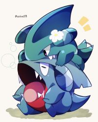 Rule 34 | alternate color, bad id, bad twitter id, bubble, creatures (company), drooling, flower, game freak, gen 4 pokemon, gible, highres, jacknaiff, nintendo, no humans, open mouth, pokemon, pokemon (creature), saliva, sharp teeth, shiny pokemon, sitting, tail, tail wagging, teeth, tongue, white flower