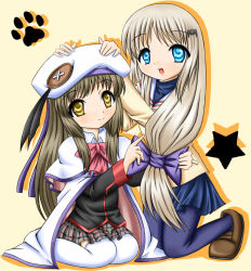Rule 34 | 2girls, blonde hair, blue eyes, bow, brown hair, clannad, company connection, cosplay, costume switch, crossover, fujieda hiro, hair bow, hat, ibuki fuuko, key (company), little busters!, long hair, multiple girls, noumi kudryavka, pantyhose, pink bow, school uniform, yellow eyes