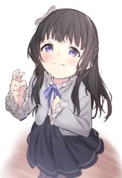 Rule 34 | 1girl, aged down, bang dream!, black hair, blurry, blush, bow, child, depth of field, frilled shirt collar, frilled sleeves, frills, from above, hair bow, hairband, hand up, highres, long hair, looking at viewer, purple eyes, ribbon, shirokane rinko, sketch, skirt, smile, solo, sou (kanade 3344)