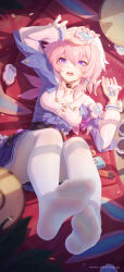 Rule 34 | 1girl, black choker, blue jacket, breasts, choker, english text, feet, from above, full body, hair between eyes, highres, holding, honkai: star rail, honkai (series), icecake, jacket, layered sleeves, legs, legs up, long sleeves, lying, march 7th (honkai: star rail), medium breasts, miniskirt, no shoes, on back, open mouth, pantyhose, pink hair, purple eyes, shirt, skirt, soles, solo, tied jacket, toes, white pantyhose, white shirt