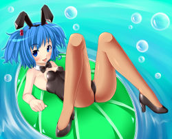 Rule 34 | 1girl, :p, animal ears, bad id, bad pixiv id, blue eyes, blue hair, breasts, bubble, rabbit ears, female focus, high heels, kawashiro nitori, kuro minamo, legs, matching hair/eyes, pantyhose, playboy bunny, shoes, short hair, small breasts, solo, spread legs, tongue, tongue out, touhou, twintails, two side up