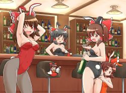 Rule 34 | 6+girls, :3, :d, alcohol, animal ears, armpits, arms up, ass, ass grab, bar (place), benikurage (cookie), black hair, black leotard, blush, bottle, bow, breasts, brown eyes, brown hair, ceiling light, chair, commentary request, cookie (touhou), counter, cowboy shot, cup, drinking glass, fake animal ears, fake tail, frilled bow, frilled hair tubes, frills, grey pantyhose, hair bow, hair tubes, hakurei reimu, half updo, highres, holding, holding bottle, indoors, kanna (cookie), knb (nicoseiga53198051), lamp, large breasts, leotard, looking at another, looking at viewer, looking back, looking to the side, medium breasts, medium hair, mini person, minigirl, multiple girls, one eye closed, open mouth, pantyhose, playboy bunny, rabbit ears, rabbit tail, red bow, red eyes, red leotard, reu (cookie), sakenomi (cookie), sananana (cookie), shelf, short hair, sidelocks, small breasts, smile, strapless, strapless leotard, tail, touhou, waitress, wine, wine bottle, wine glass, yellow eyes