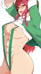 Rule 34 | 1girl, abs, absurdres, arms up, banned artist, blush, braid, breasts, eyelashes, hekiga (freelot), highres, hong meiling, large breasts, long hair, looking at viewer, muscular, muscular female, nipple slip, nipples, one eye closed, open mouth, red eyes, red hair, sidelocks, simple background, slingshot swimsuit, solo, standing, sweat, sweatdrop, swimsuit, thighs, touhou, twin braids, undressing, white background
