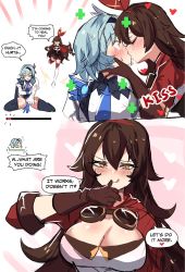 Rule 34 | 2girls, amber (genshin impact), blue hair, blush, bow, breasts, brown eyes, brown gloves, brown hair, cleavage, eula (genshin impact), gameplay mechanics, genshin impact, gloves, goggles, goggles around neck, hair bow, healing, health bar, heart, highres, hinghoi, kiss, licking lips, looking at another, multiple girls, smile, surprise kiss, surprised, tongue, tongue out, yuri