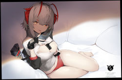 Rule 34 | 1girl, :p, ahoge, antennae, arknights, between breasts, black gloves, black scarf, breasts, brown eyes, commentary request, female focus, fingerless gloves, gloves, highres, horns, large breasts, looking at viewer, nail polish, panties, red nails, red panties, scarf, shirt, short hair, silver hair, sitting, smile, solo, thighs, tongue, tongue out, torn clothes, torn shirt, underwear, uta (xuyansong1996), w (arknights), white shirt
