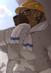 Rule 34 | 1boy, = =, artist request, bara, belly, bottle, brown fur, construction worker, dog boy, furry, furry male, glasses, hard hat, helmet, holding, holding bottle, large pectorals, male focus, mature male, muscular, muscular male, original, pectorals, plump, shirt, solo, sweat, towel, towel around neck, upper body, wet, wet clothes, wet shirt, wiping sweat
