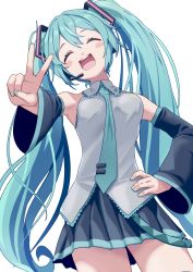 Rule 34 | 1girl, ^ ^, absurdres, aqua hair, aqua nails, aqua necktie, black skirt, black sleeves, blush stickers, closed eyes, commentary request, detached sleeves, closed eyes, fingernails, grey shirt, hand on own hip, hatsune miku, headset, highres, long hair, looking at viewer, miu (angelo whitechoc), nail polish, necktie, open mouth, pleated skirt, shirt, simple background, skirt, sleeveless, sleeveless shirt, smile, solo, teeth, twintails, upper teeth only, v, very long hair, vocaloid, white background